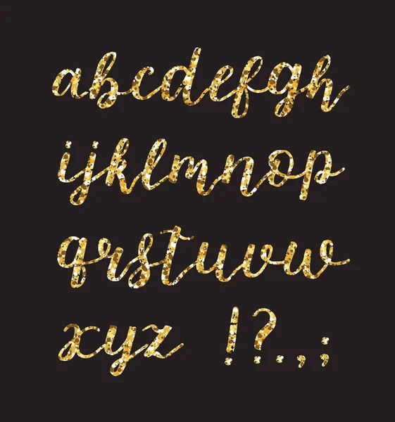 Zlatý třpyt abeceda. Štětec zářící vektorové písmo. Handdrawn kaligrafie písma. — Stockový vektor