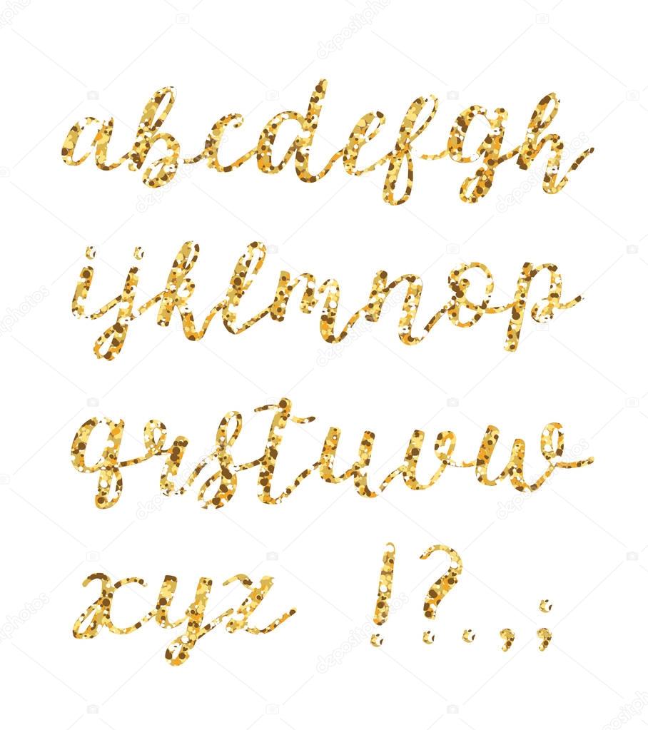 Golden glitter alphabet. Brush glowing vector font. Handdrawn calligraphy font.