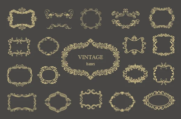 Set of gold vintage floral frames and monograms. — Stock Vector