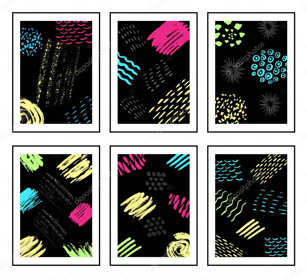 Colorful ink brushes grunge patterns, hand drawing backgrounds, brush strokes elements.