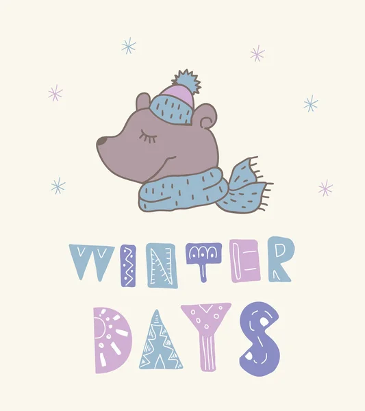 Tarjeta postal de invierno con citas y frases. Divertido oso. . — Vector de stock