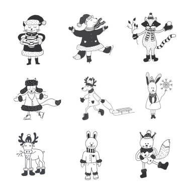 Sevimli hayvanlar kış kümesi. Kreş sanat. Minimalist İskandinav tarzı.