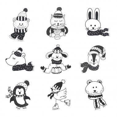 Sevimli hayvanlar kış kümesi. Kreş sanat. Minimalist İskandinav tarzı.