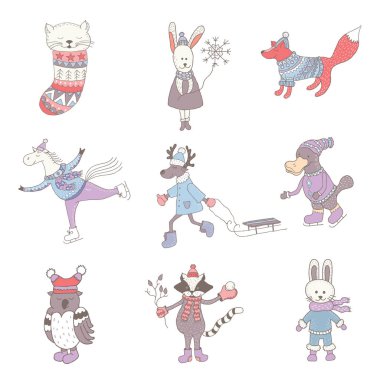 Sevimli hayvanlar kış kümesi. Kreş sanat. Minimalist İskandinav tarzı.