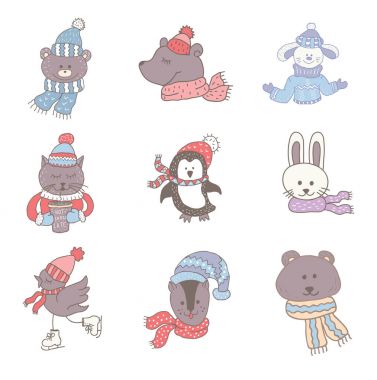 Sevimli hayvanlar kış kümesi. Kreş sanat. Minimalist İskandinav tarzı.