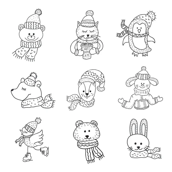 Set of cute animals in the winter . Nursery art. Minimalist scandinavian style. — Stock Vector