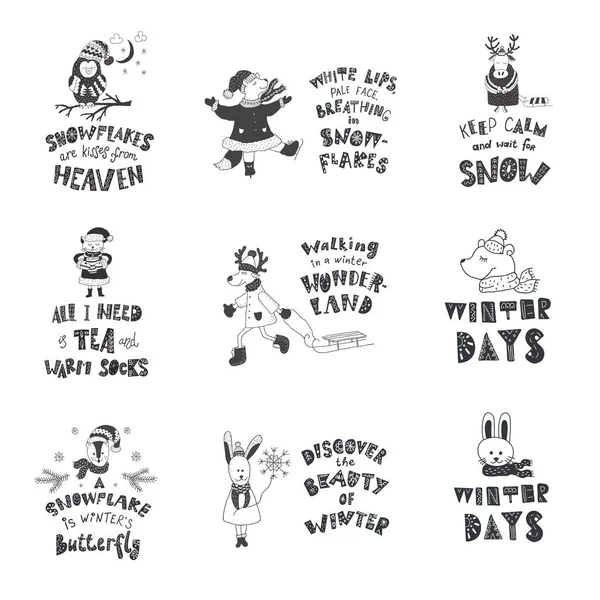 Set of cute animals and winter quotes. Nursery art. Minimalist scandinavian style. — Stock Vector