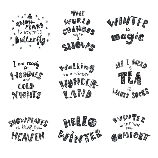 Conjunto de citas y frases de invierno. Lettering dibujado a mano con elementos decorativos . — Vector de stock