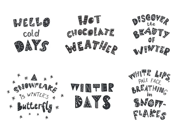 Conjunto de citações e frases de inverno. Letras desenhadas à mão com elementos decorativos . — Vetor de Stock