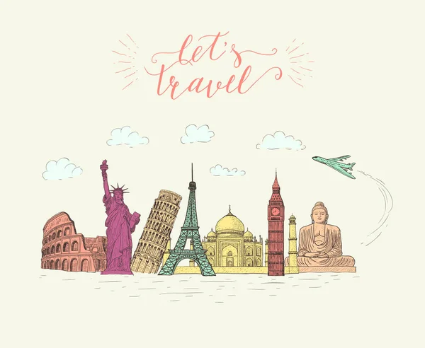 Wereld reizen en bezienswaardigheden. De banner van het toerisme met hand-belettering citaat. Hand getrokken schets Vector Illustratie. — Stockvector