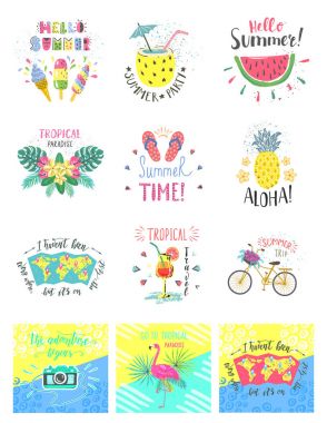 Yaz rengi el yazı Etiketler ve stickerlar kümesi. Tropikal Amblemler meyve ile. Seyahat kartpostal tırnak.