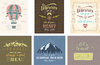 Seyahat posterler kümesi. T-shirt baskı ya da poster el yazı tırnak için vektör elle çizilmiş resimler.