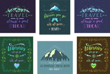 Seyahat posterler kümesi. T-shirt baskı ya da poster el yazı tırnak için vektör elle çizilmiş resimler.