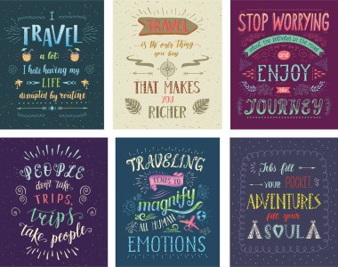 Seyahat posterler kümesi. T-shirt baskı ya da poster el yazı tırnak için vektör elle çizilmiş resimler.