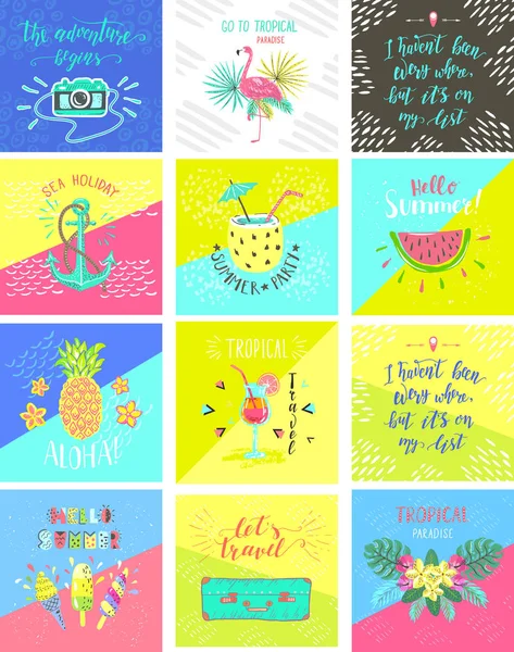 Conjunto de etiquetas y pegatinas de letras a mano de color verano. emblemas tropicales con frutas. Postales de viaje con comillas . — Vector de stock