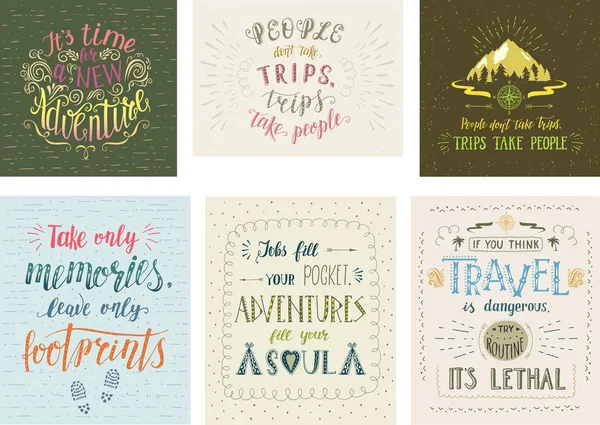 Reiseplakate. Vektor-handgezeichnete Illustrationen für T-Shirt-Druck oder Poster mit handgeschriebenen Zitaten. — Stockvektor