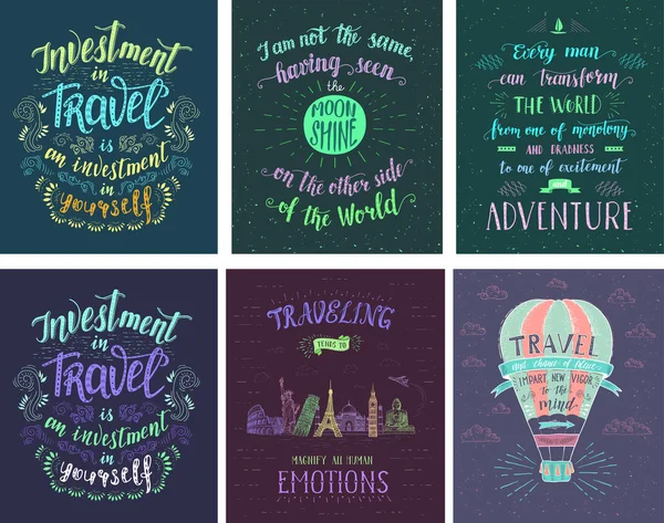 Set of travel posters. Vector hand drawn illustrations for t-shirt print or posters with hand-lettering quotes. — Stock Vector