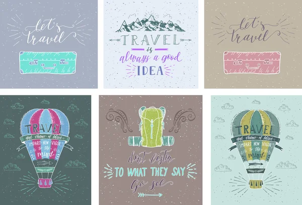 Conjunto de cartazes de viagem. Ilustrações desenhadas à mão vetoriais para estampas de t-shirt ou cartazes com aspas de letras à mão . — Vetor de Stock