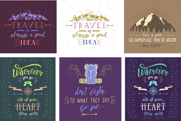 Conjunto de carteles de viaje. Ilustraciones dibujadas a mano vectoriales para impresión de camisetas o carteles con citas de letras a mano . — Vector de stock