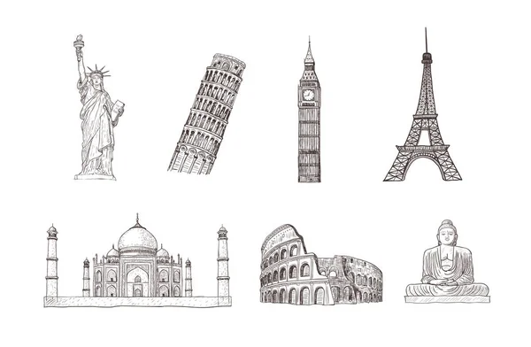 世界旅行と観光スポット。手の描かれたスケッチのベクトル イラスト — ストックベクタ