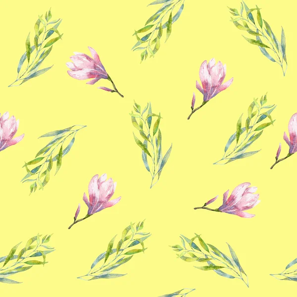 Patrón de acuarela sin costura floral con hojas y magnolia —  Fotos de Stock