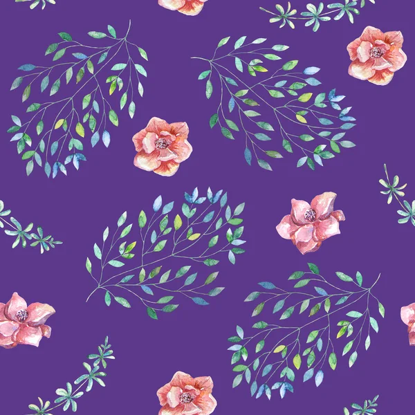 잎와 목련 꽃 원활한 수채화 패턴 — 스톡 사진
