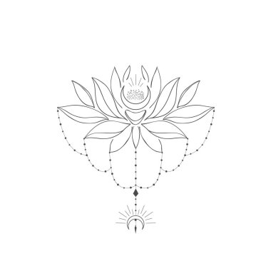 Lotus ve Ay 'ın dekoratif gizemli çiçek tasarımı. Dövme ya da tişört izi.