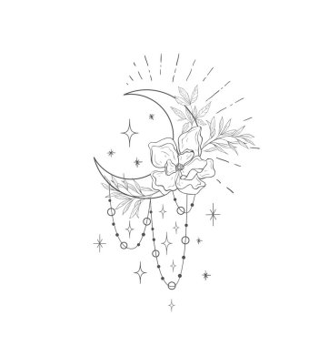 Moonand Magnolia ile dekoratif gizemli çiçek tasarımı. Dövme ya da tişört izi.