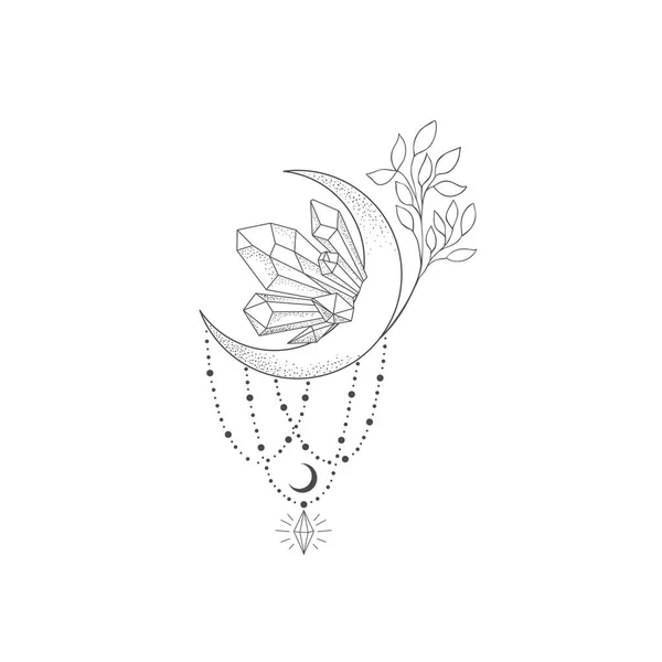 Dekoratives Geheimnis florales Design mit Mond und Kristall. Tätowierung oder T-Shirt-Print. — Stockvektor