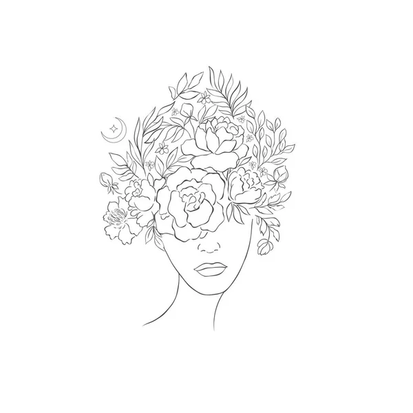 Χειροποίητο κεφάλι γυναίκας με λουλούδια. Σχεδιασμός μόδας. — Διανυσματικό Αρχείο