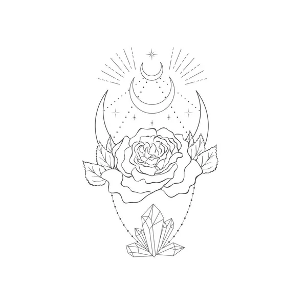 Diseño floral misterioso decorativo con Luna. Tatuaje o camiseta de impresión . — Archivo Imágenes Vectoriales