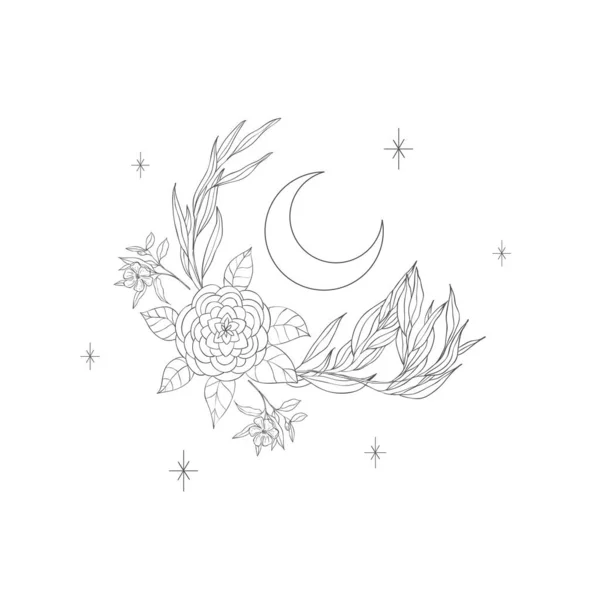 Tajemniczy dekoracyjny kwiatowy design z Księżycem. Wydruk tatuażu lub koszulki. — Wektor stockowy