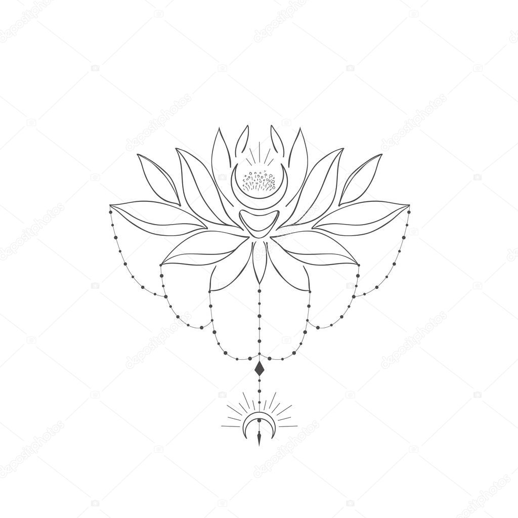 Decorative mystery floral design with Lotus and Moon. Tattoo or t-shirt print.