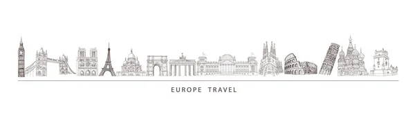 Città punti di riferimento di viaggio, attrazione turistica in vari luoghi d'Europa. Illustrazione turistica . — Vettoriale Stock