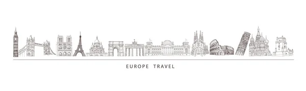 City travel landmarks, tourist attraction in various places of Europe. Tourism illustration.