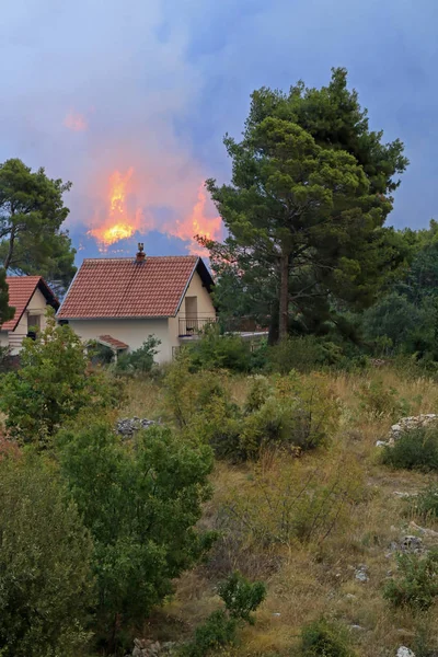 불타는 숲과 마을 아래 산 불 — 스톡 사진