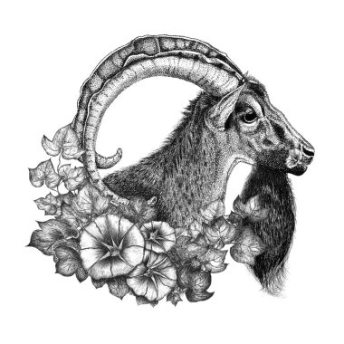 Elle çizilmiş keçi ve çiçek çelenk. Parmak izi. Siyah ve beyaz