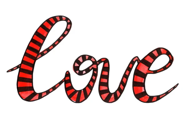 Aquarell handgezeichnet rotgestreiftes Wort Liebe. Schriftzug. Valentin — Stockfoto