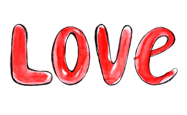 Akvarelu ručně kreslenou červené slovo láska. Písmo. Valentinky den. — Stock fotografie