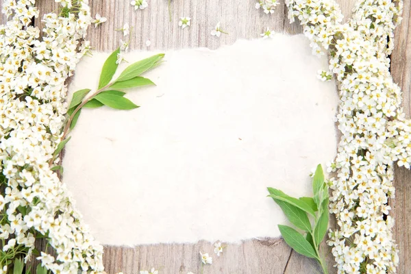 첫 번째 꽃입니다. 오래 된 나무에 하얀 꽃과 빈티지 종이 봄 — 스톡 사진