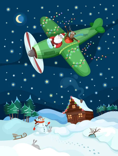 Χριστούγεννα Εικονογράφηση Ενός Βασίλη Και Ελάφι Στο Νυχτερινό Ουρανό Χειμώνα — Διανυσματικό Αρχείο