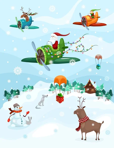 Ilustração Natal Com Papai Noel Avião —  Vetores de Stock