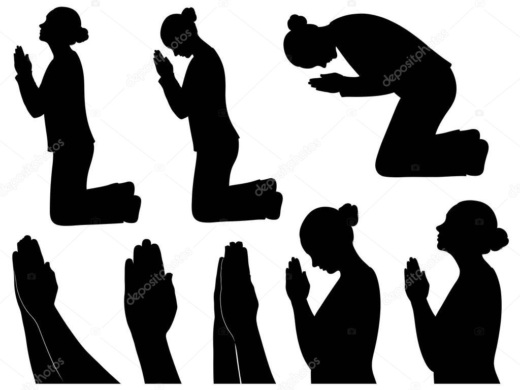 Set of different praying women isolated on white
