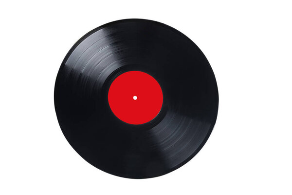 Old vinyl record with red blank label isolated on white background