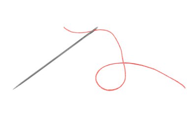 Beyaz arkaplanda kırmızı iplik ve iğne