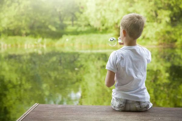 Little Boy Play Soap Bubble Outdoor — Stock Photo, Image