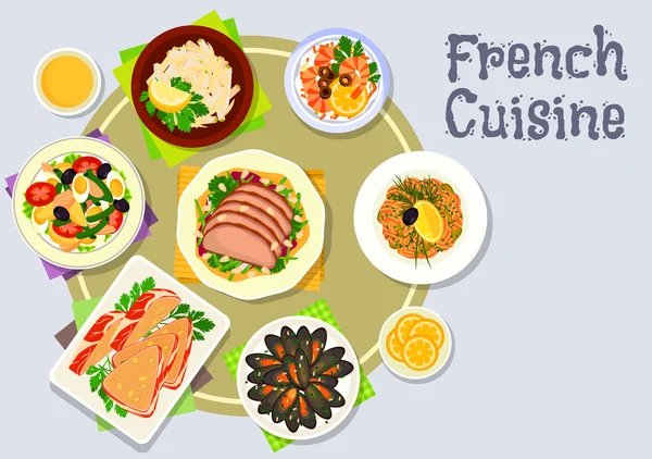 Franse keuken diner gerechten pictogram voor menu ontwerp — Stockvector