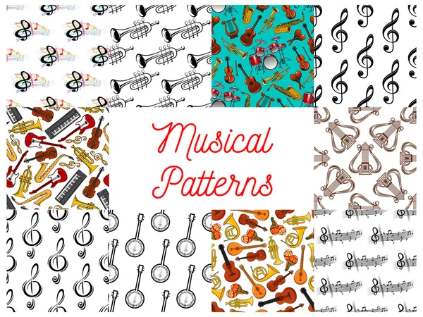 Musical instruments and notes seamless pattern set — Stock Vector