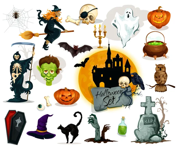 Conjunto completo de personajes y elementos de Halloween — Vector de stock