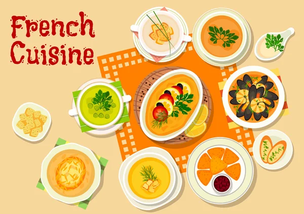 フランス料理のスープやスナック料理アイコン — ストックベクタ
